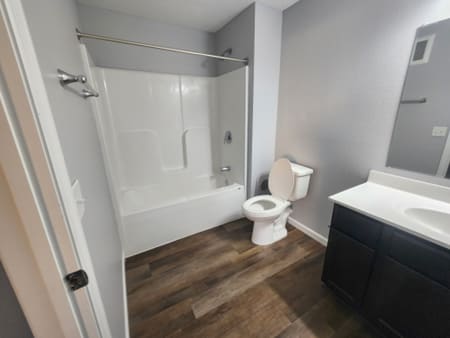 A white toilet sits next to a bathtub in a bathroom.