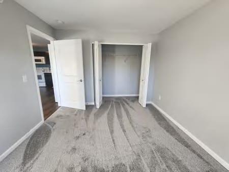 A room with a carpeted floor and two open doors.