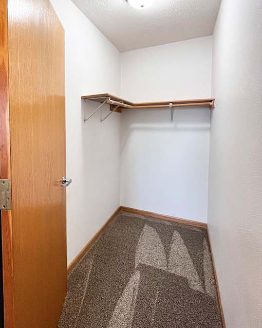 A hallway with a brown carpet and a wooden door.