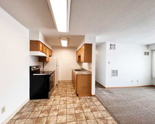 A kitchen with a black refrigerator and brown cabinets.