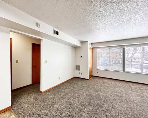 A room with a carpeted floor and a window showing a parking lot outside.