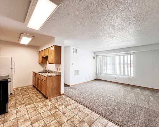 A kitchen area with a refrigerator, sink, and cabinets.