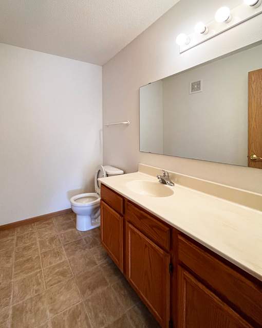 A bathroom with a toilet, sink, and mirror.