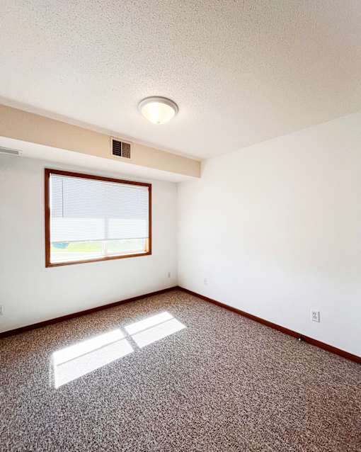 A room with a window and a carpet on the floor.