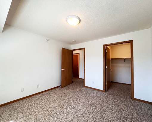 A carpeted room with two doors and a ceiling light.