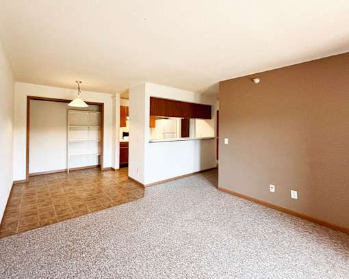 A room with a carpeted floor and a brown wall.