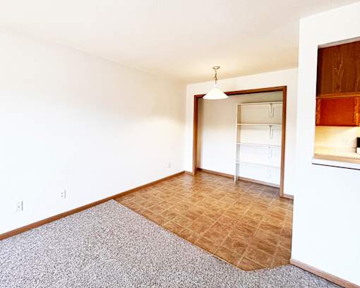 A room with a carpeted floor and a wooden floor.