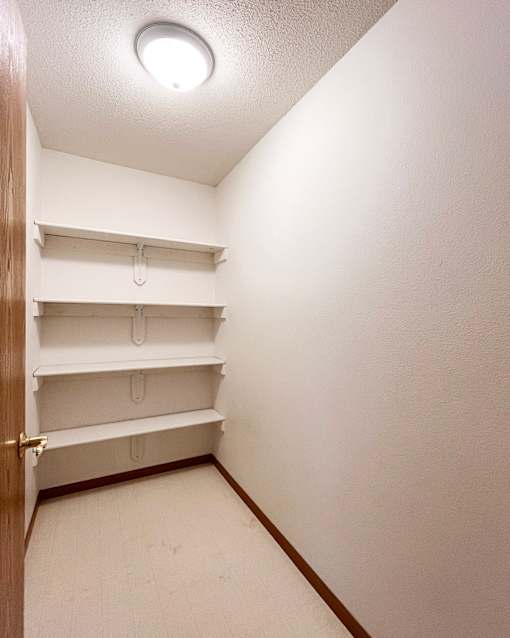 A white closet with a light on the ceiling.