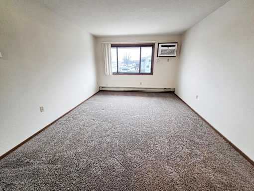 A room with a carpeted floor and a window.
