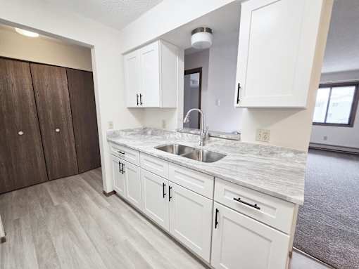 A kitchen with white cabinets and a marble countertop.
