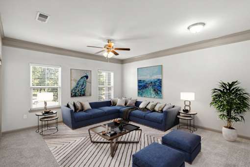 a living room with two couches and a coffee table at Stonepost Crossing Apartments, Kansas, 66213