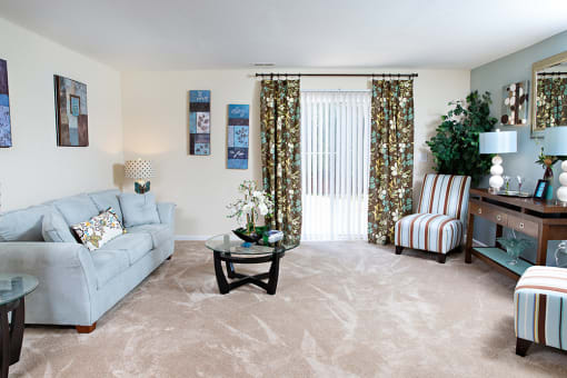Living room with sliding doors to private patio