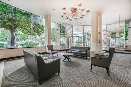 A large room with a chandelier and a view of trees outside the windows.