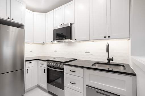 A modern kitchen with white cabinets and stainless steel appliances.