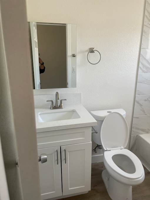 a bathroom with a mirror and a toilet and a sink