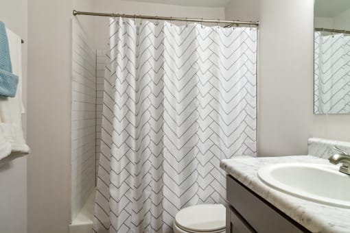 a bathroom with a shower curtain and a sink and a toilet
