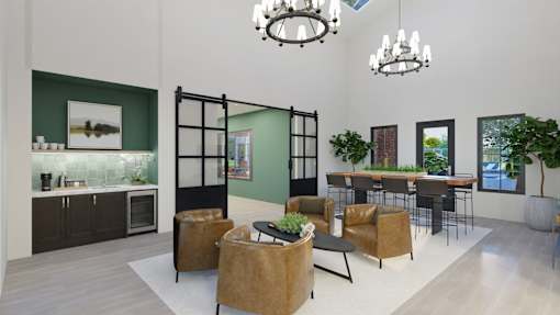 A modern living room with a glass partition wall and a dining area.
