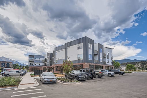 a view of the building from the parking lot