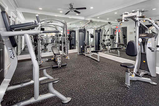 A spacious gym with a variety of equipment including treadmills, weight machines, and benches.