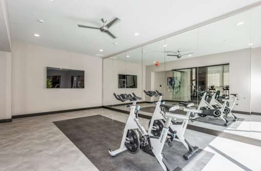 A gym with a mirrored wall and a fan.