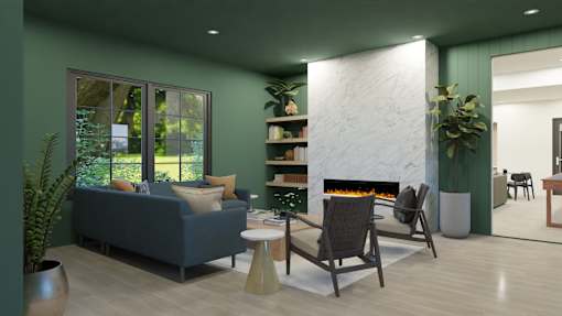 A living room with a fireplace and a couch.