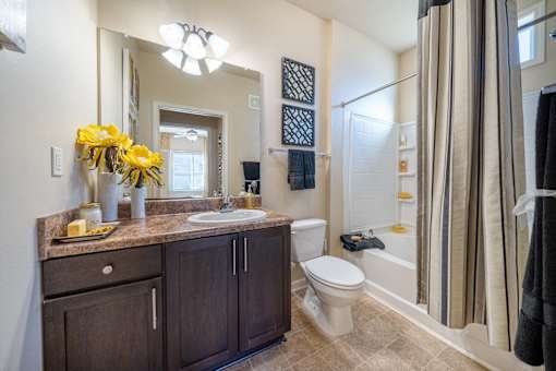 A bathroom with a sink, toilet, and a shower.