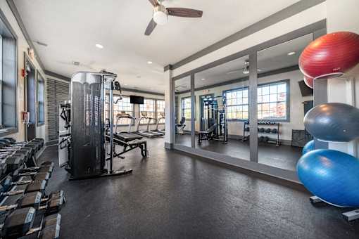 A gym with a variety of equipment including a treadmill, weights, and exercise balls.