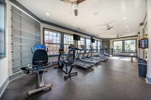 A gym with treadmills, elliptical machines, and a fan.