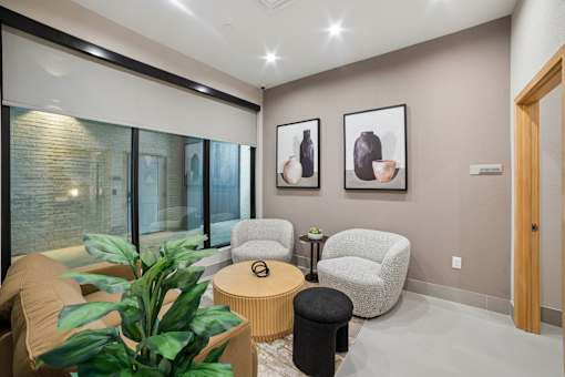 A living room with a couch, chair, and potted plant.