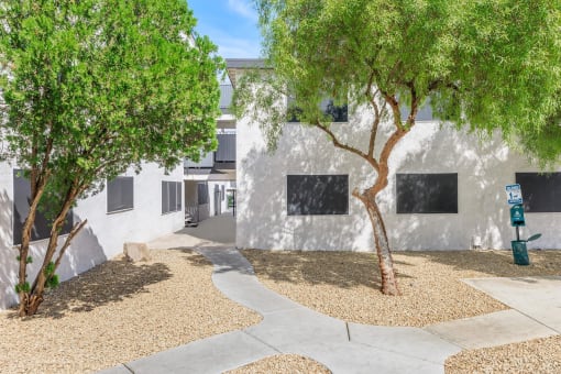 a building with a tree in front of it