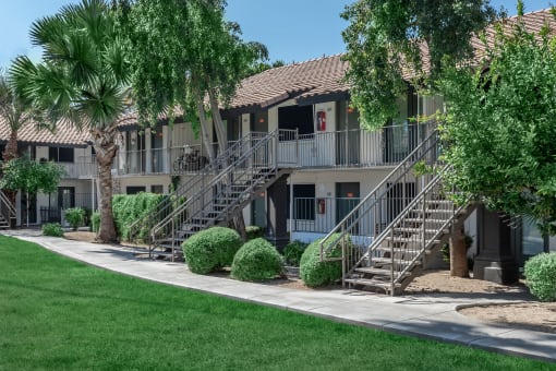 a building with stairs and trees in front of it