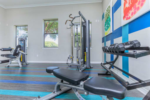 the gym at the district flats apartments in lenexa