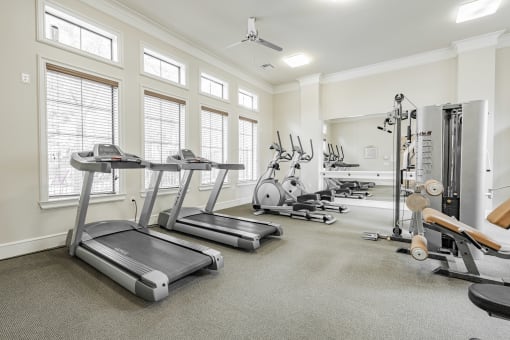 the gym with treadmills and other fitness equipment and windows