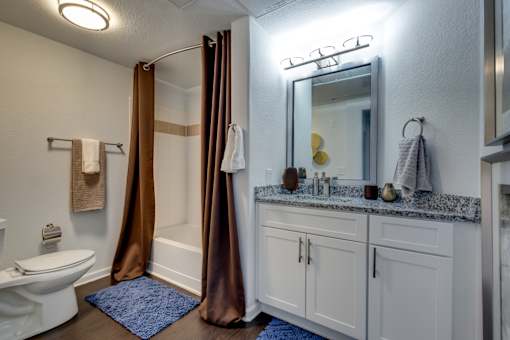 a bathroom with a shower and a toilet and a sink