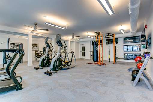 a gym with cardio machines and other exercise equipment in a home