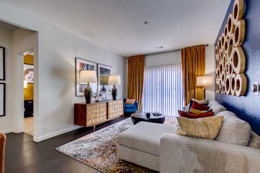 a living room with a couch and a table