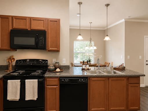 A kitchen with black appliances and wooden cabinets.