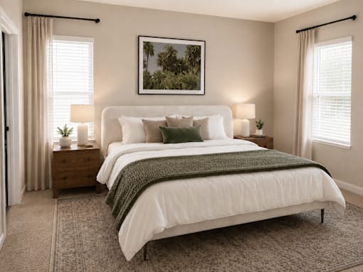 A bedroom with a large bed and a painting on the wall.
