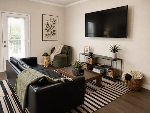 A living room with a black couch, a coffee table, a chair, a basket, and a TV mounted on the wall.