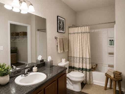 A bathroom with a white toilet, sink, and shower curtain.