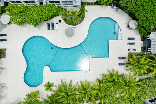 A blue kidney-shaped pool surrounded by green trees.