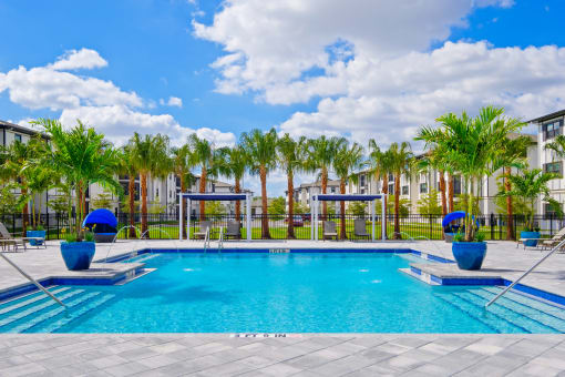a large swimming pool with palm trees and buildings in the background