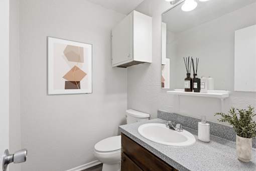 A bathroom with a white toilet, a sink, and a mirror.