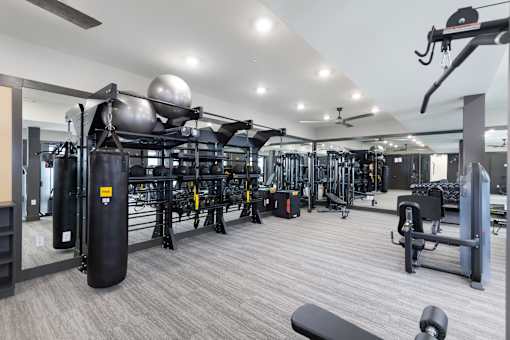 A gym with a variety of equipment including a leg press machine.