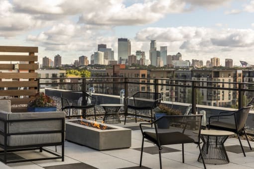 Rooftop lounge with view of Downtown Minneapolis