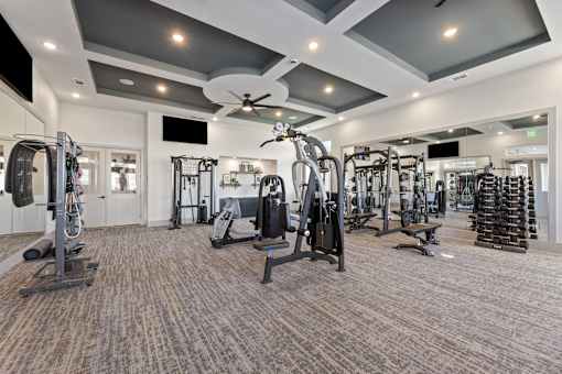 A spacious gym with a variety of equipment.