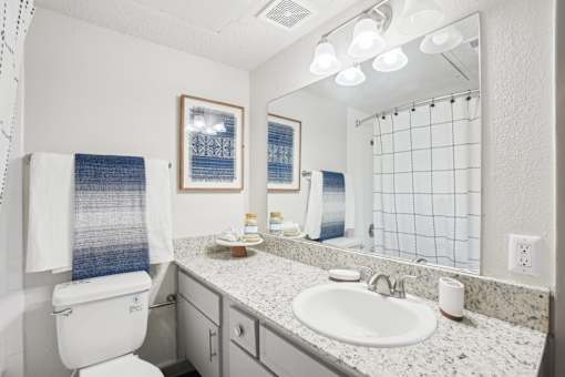 A bathroom with a toilet, sink, and mirror.