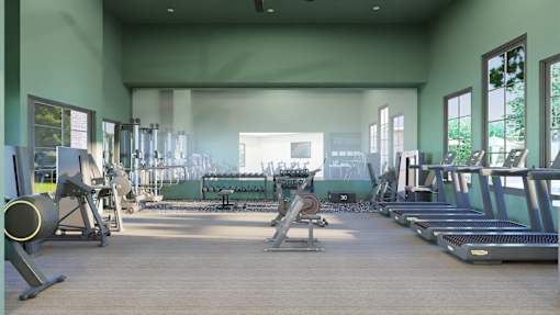 A gym with a variety of equipment including treadmills, weights, and exercise machines.