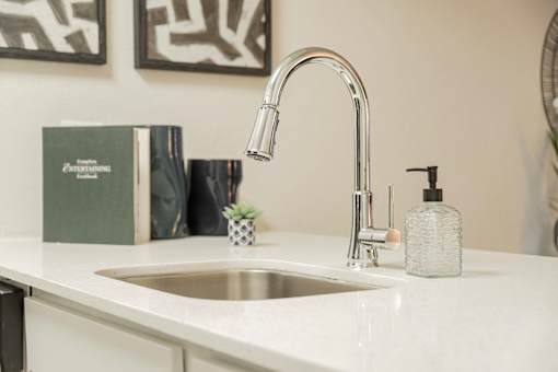 A modern kitchen sink with a chrome faucet and a bottle of soap.