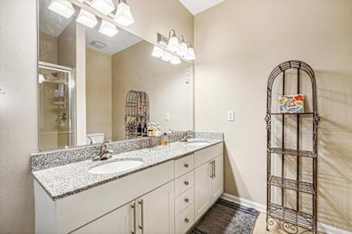 A bathroom with a sink, mirror, and a shelf with a birdcage.
